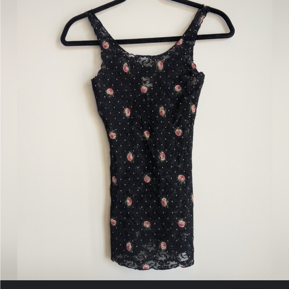 Free People Black Lace Floral Slip Dress with Pink Rose Embroidery